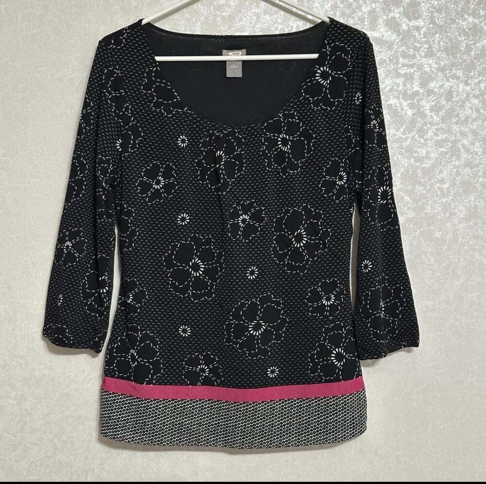 Ann Taylor 3/4 Sleeve Top Size L Black White Floral Nylon Mesh Pink Trim